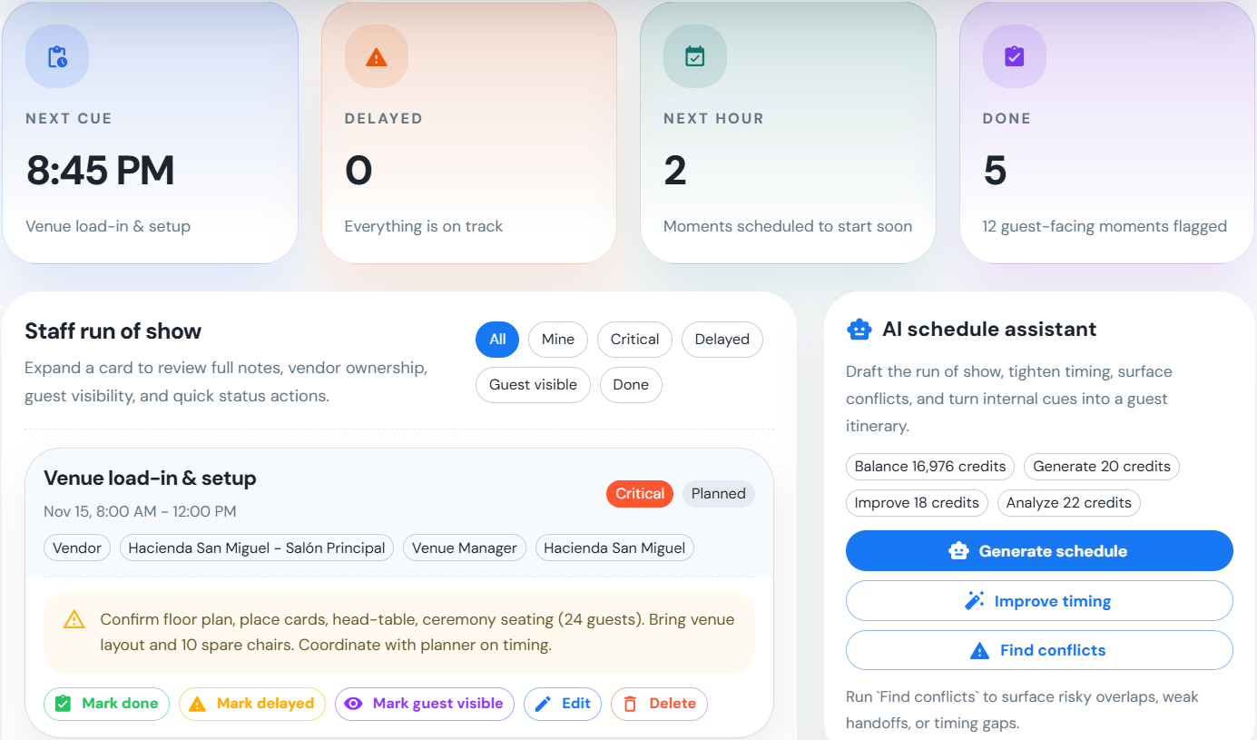 Build the team schedule and guest itinerary.